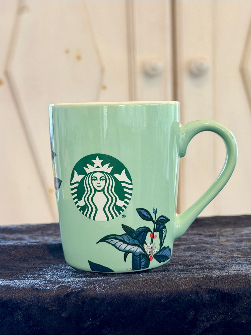 Starbucks Mint Green Ceramic Coffee Mug with Botanical Design